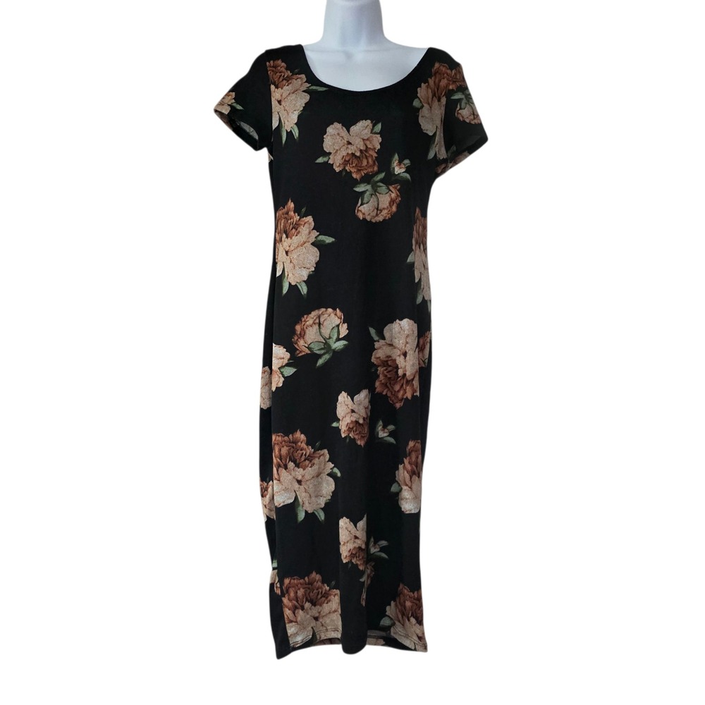 Vibe Sportswear Womens Maxi Dress Brown‎ M Floral Stretch Round Neck Side Slit